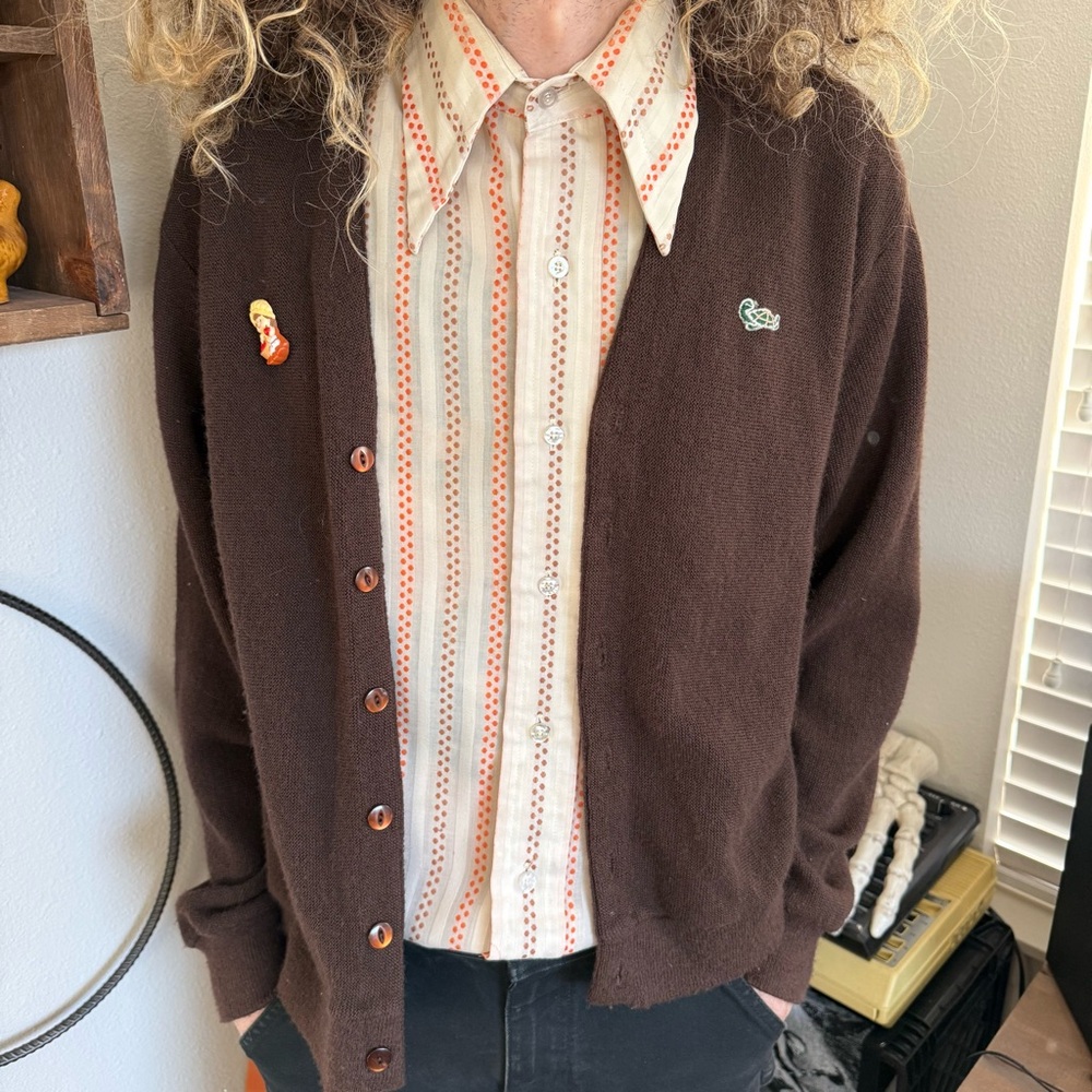 Vintage 60s 70s Semi Sheer Dagger Collar S/S Striped Button Down ~ Size Medium - Picture 2 of 9